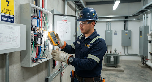 Electricista revisando profesionalmente un tablero eléctrico